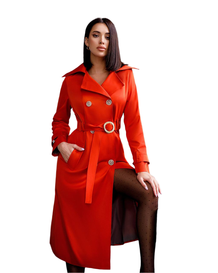 Stylish Red Trench Coat with Pockets and Belt for Women's Fashion