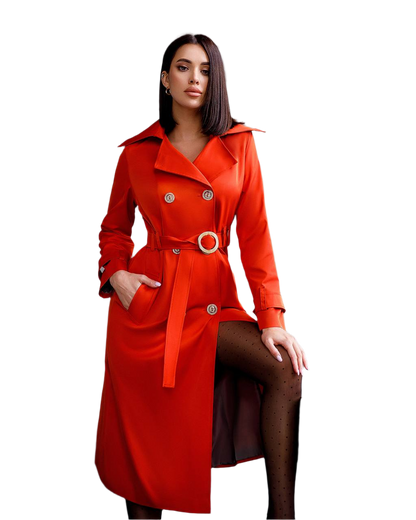 Stylish Red Trench Coat with Pockets and Belt for Women's Fashion