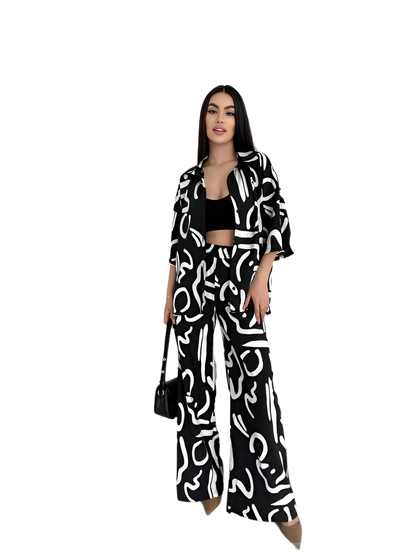 Lightweight Black and White Print Two-Piece Suit for Women