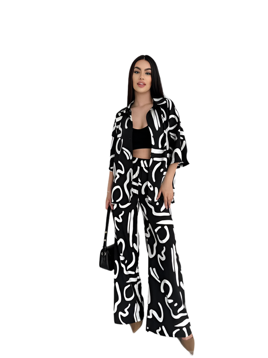 Lightweight Black and White Print Two-Piece Suit for Women