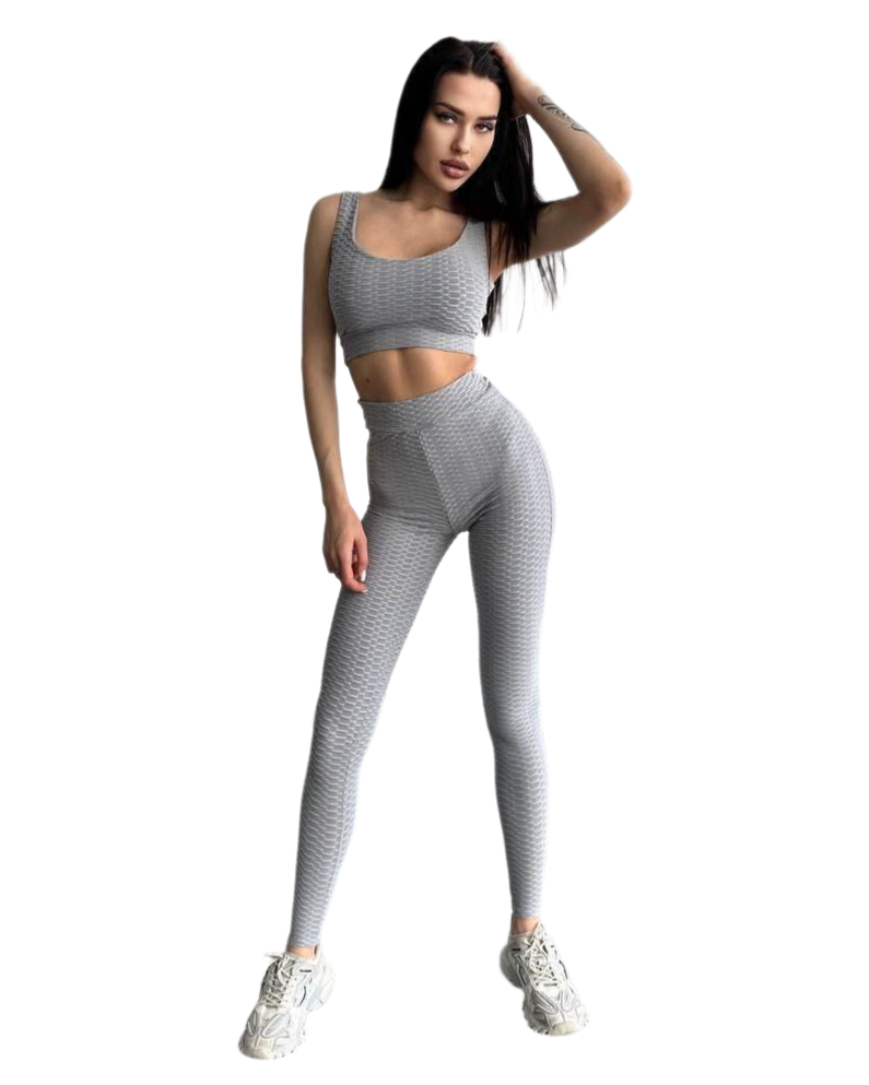 Womens Jacquard Biflex Fitness Suit High Rise Pants Crop Tank Top