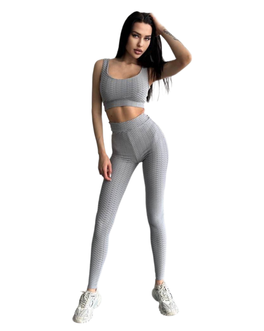 Womens Jacquard Biflex Fitness Suit High Rise Pants Crop Tank Top