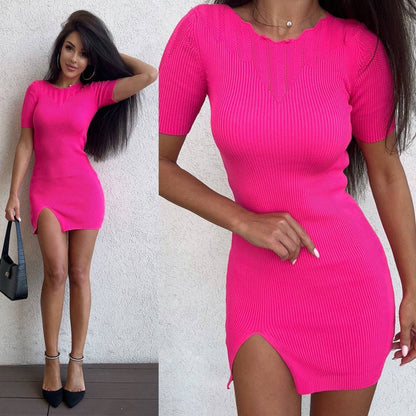 Woman wearing a bright pink dress with a close-up of the dress on a white background.