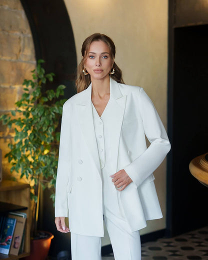 Womens White Three Piece Suit Premium Crepe Diagonal Fabric