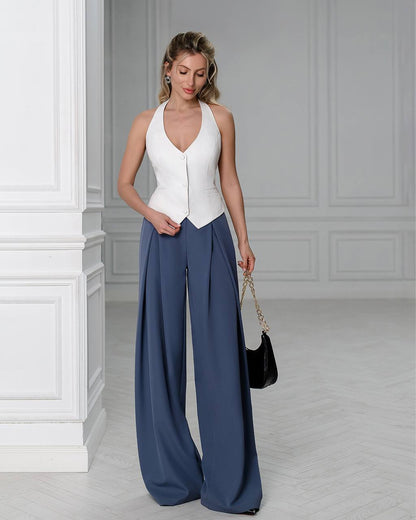 Womens Premium Diagonal Suiting Crepe Vest Halter Neck Button Front
