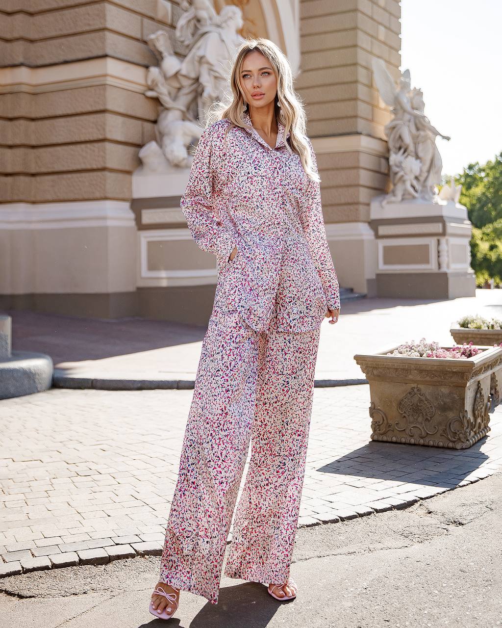 Womens Printed Dense Silk Long Shirt and Pants Suit