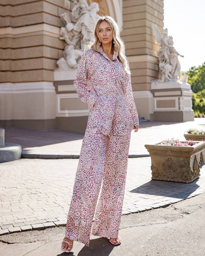Womens Printed Dense Silk Long Shirt and Pants Suit