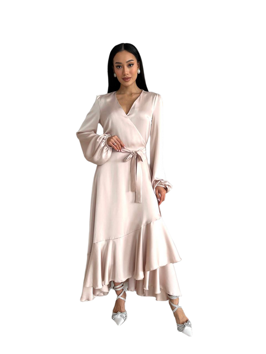 Bella Satin Wrap Dress for Women with Ruffled Hem and Long Sleeves