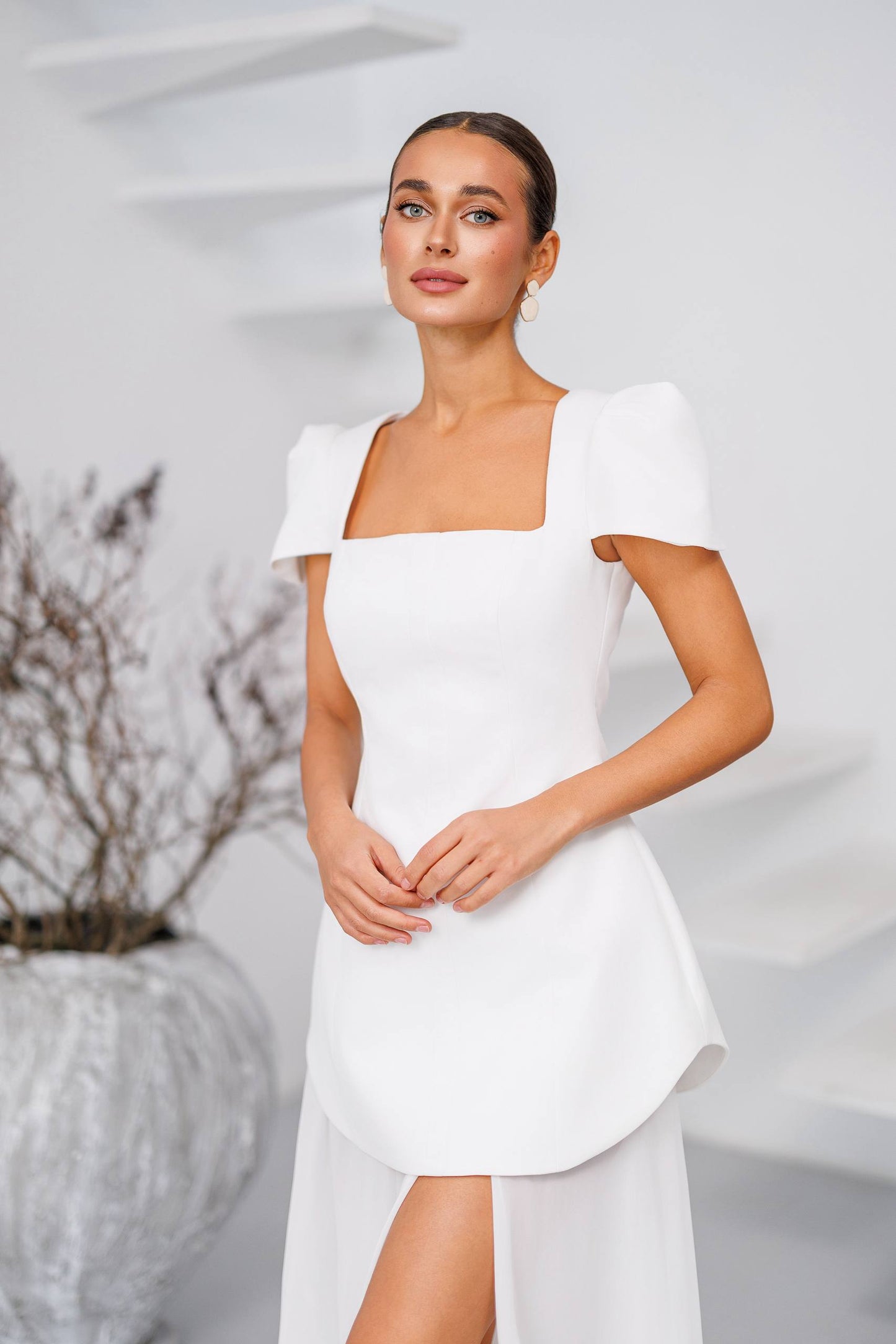 White Peplum Dress and Skirt Diagonal Crepe Top Premium Chiffon Skirt
