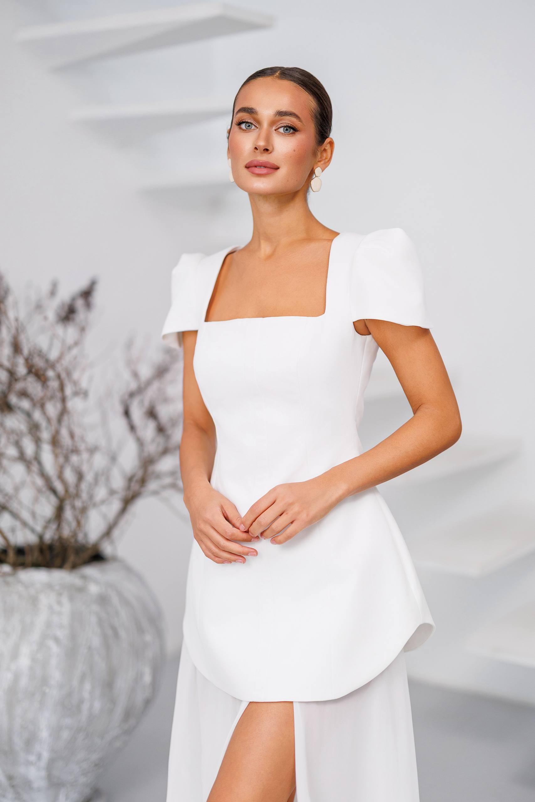White Peplum Dress and Skirt Diagonal Crepe Top Premium Chiffon Skirt