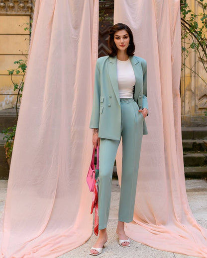Luxury Diagonal Suiting Crepe Women's Suit in Blue