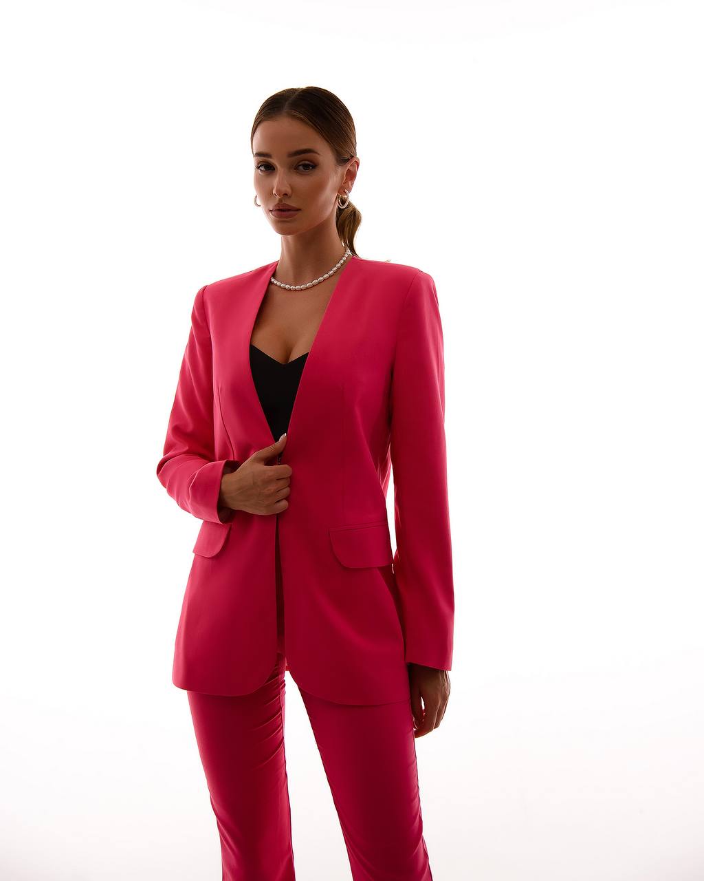 Womens Collarless Suit Jacket with Matching Pants in Raspberry