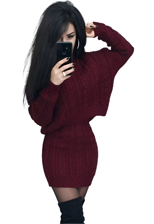 Womens Knitted Cable Pattern Two Piece Sweater and Skirt Set