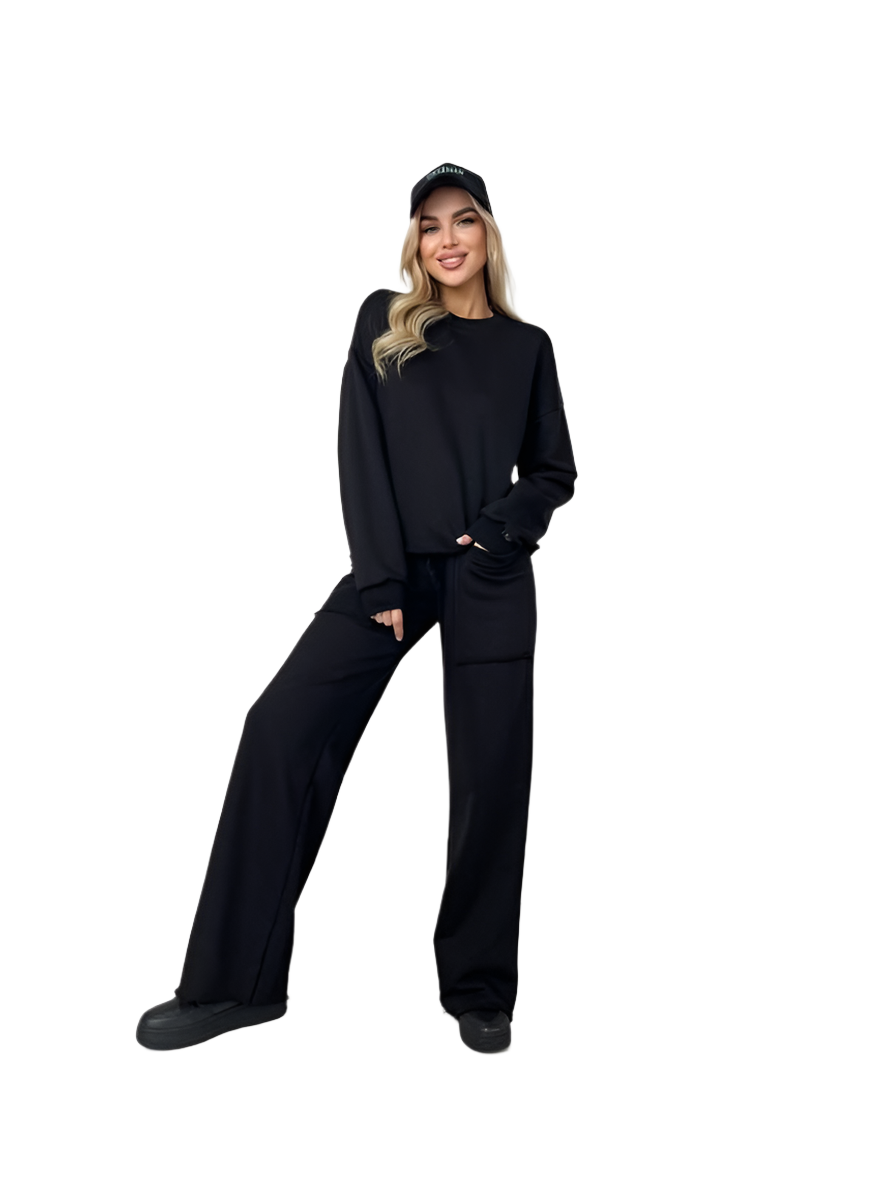 Black Casual Two-Piece Set Loose Fit Sweatshirt and High Waist Pants