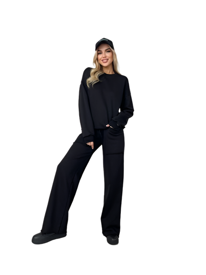Black Casual Two-Piece Set Loose Fit Sweatshirt and High Waist Pants