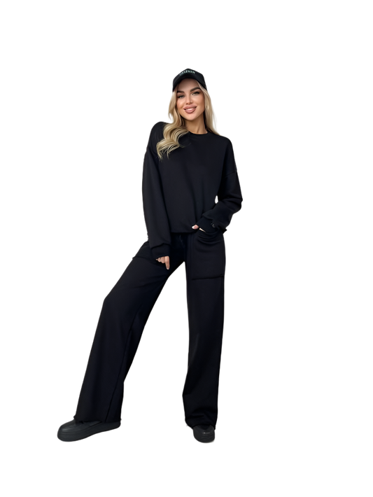 Black Casual Two-Piece Set Loose Fit Sweatshirt and High Waist Pants