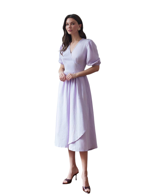 Lightweight Muslin Midi Dress for Women in Milky Blue and Lavender