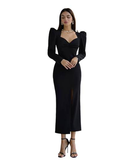 Elegant Black Midi Dress Women Puff Sleeve Crepe Diagonal Fabric