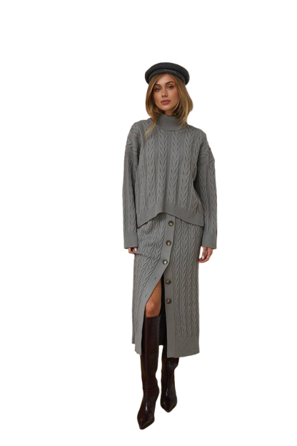 Womens Two-Piece Cable Knit Set with Buttoned Skirt and Turtleneck Sweater Grey