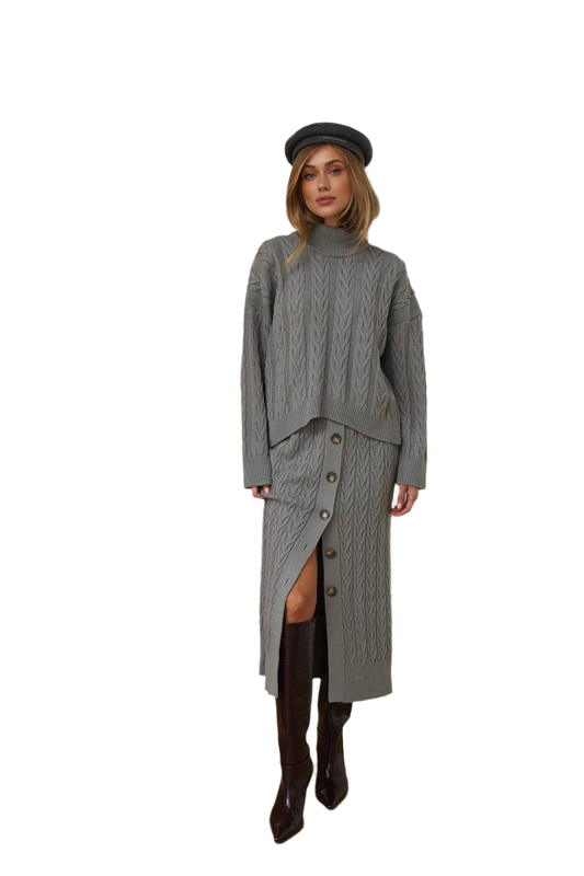 Womens Two-Piece Cable Knit Set with Buttoned Skirt and Turtleneck Sweater Grey