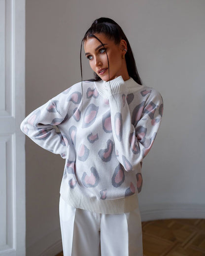 Womens Leopard Pattern Sweater Soft Cotton Acrylic Wool Blend