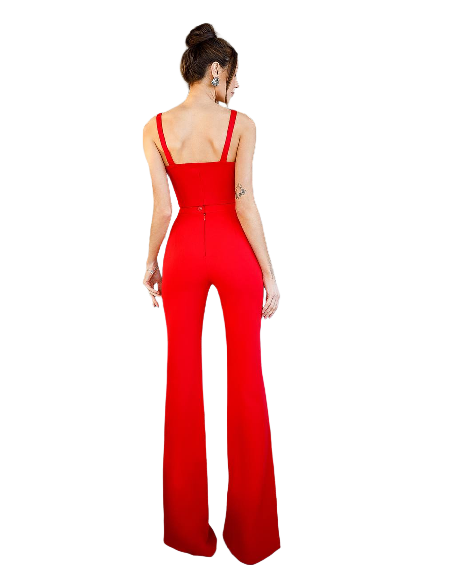 Red jumpsuit worn by a model on a white background