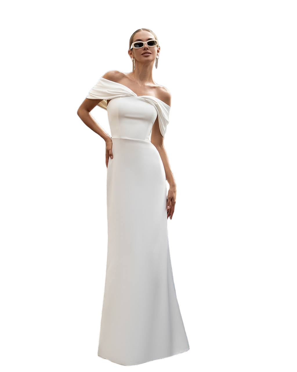 Premium Crepe Off Shoulder Evening Dress with Satin Mango Inserts Milk