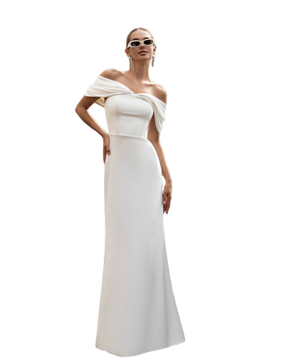 Premium Crepe Off Shoulder Evening Dress with Satin Mango Inserts Milk