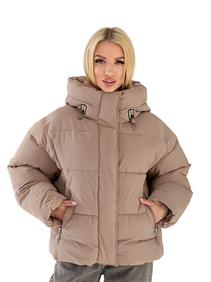 Womens Winter Puffer Jacket with Hood Beige Oversize Warm Padded Coat