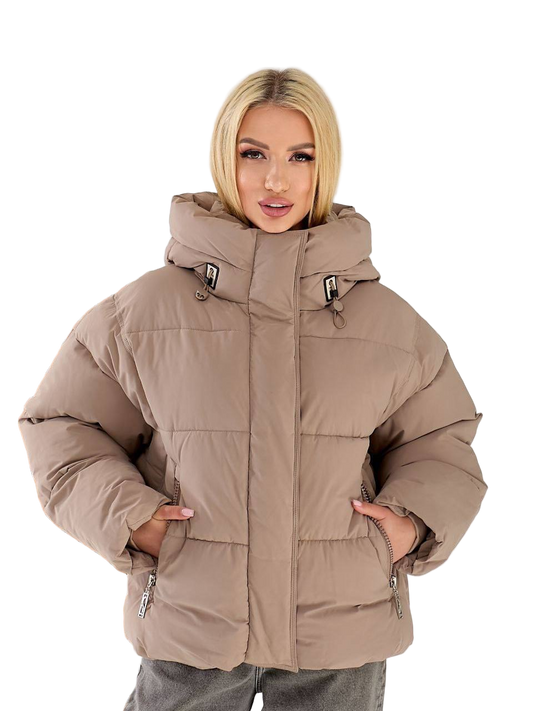 Womens Winter Puffer Jacket with Hood Beige Oversize Warm Padded Coat