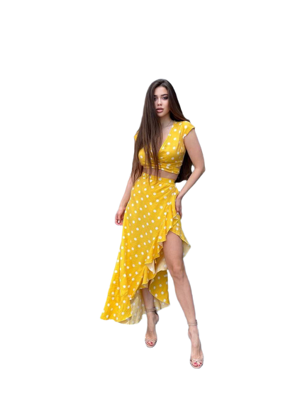 Maldives Suit Women Summer Set Yellow Polka Dot Crinkled Linen Top and Wrap Skirt