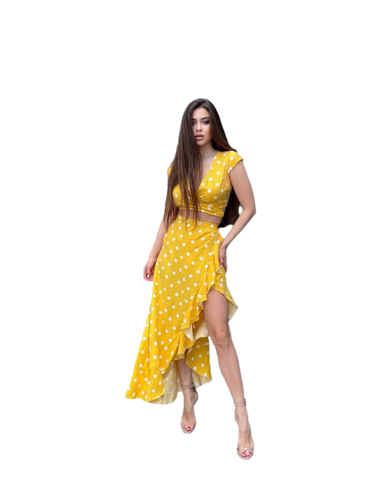 Maldives Suit Women Summer Set Yellow Polka Dot Crinkled Linen Top and Wrap Skirt