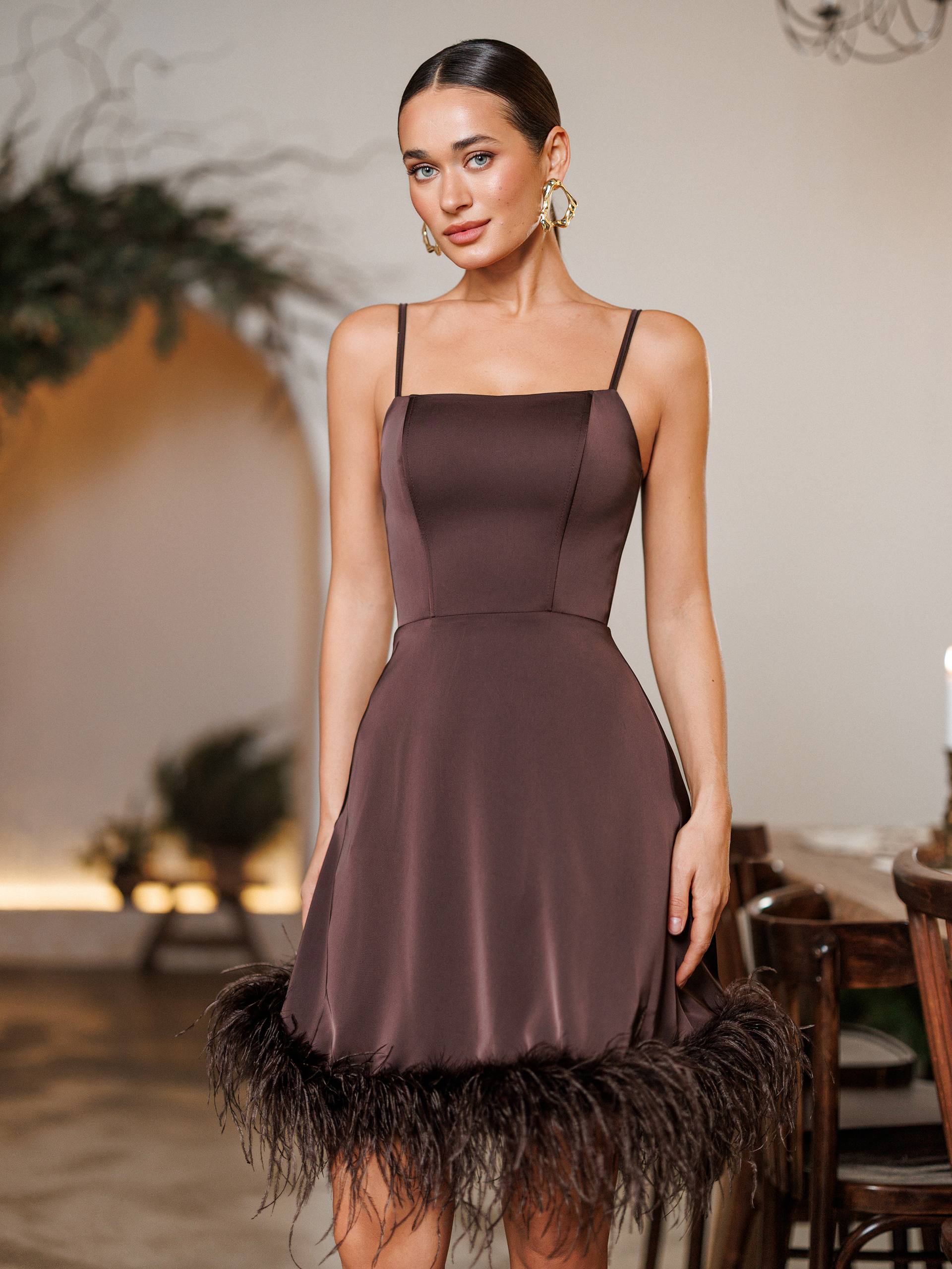 Woman wearing a brown dress with feather details in an indoor setting