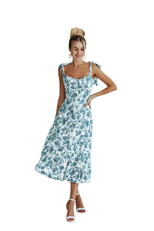 Natural Linen Sundress for Women with Blue Rose Print