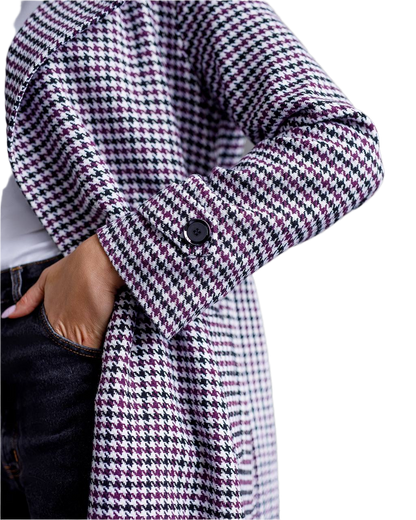 Womens Turkish Fabric Houndstooth Pattern Coat Long Trench Style Belted