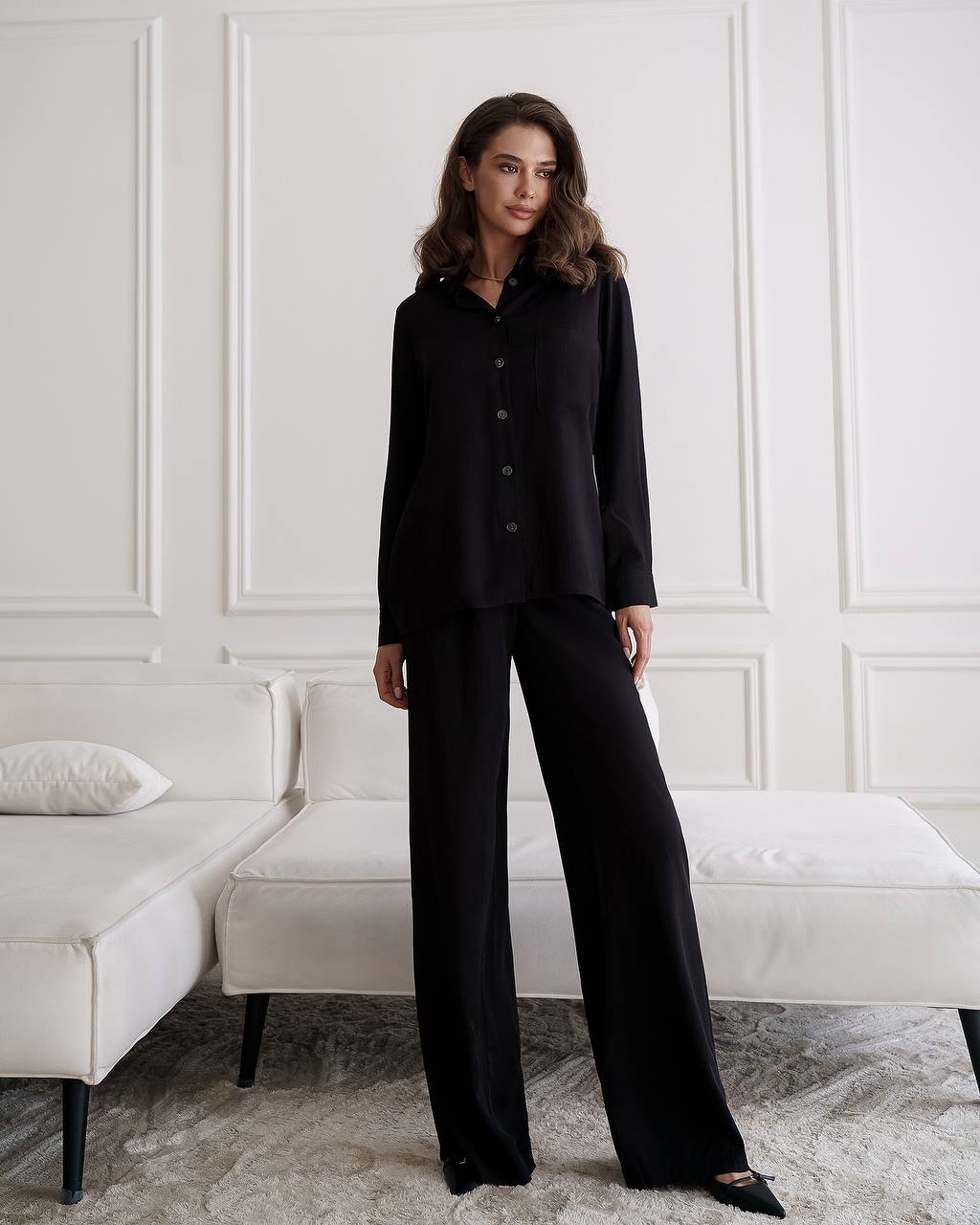 Womens Viscose Twill Shirt and Elastic Waist Pants Suit
