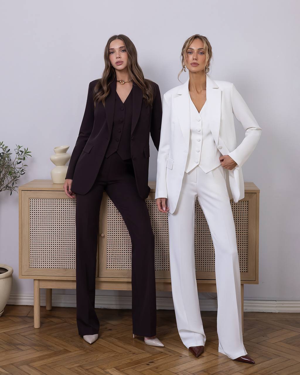 Womens Three Piece Suit with Vest and Trousers in Diagonal Crepe