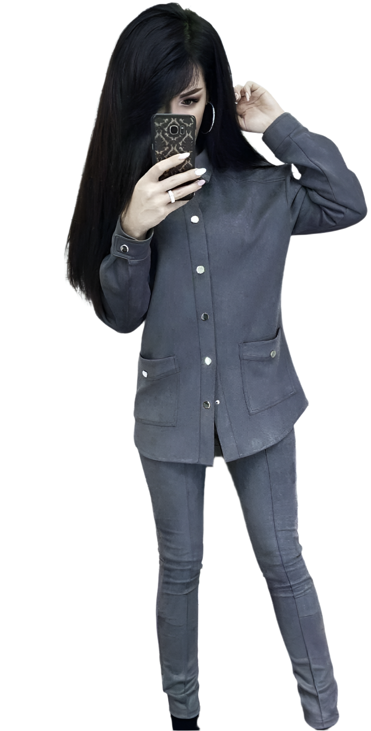 Women Suede Suede Fabric Shirt Belted and High Waist Pants Set