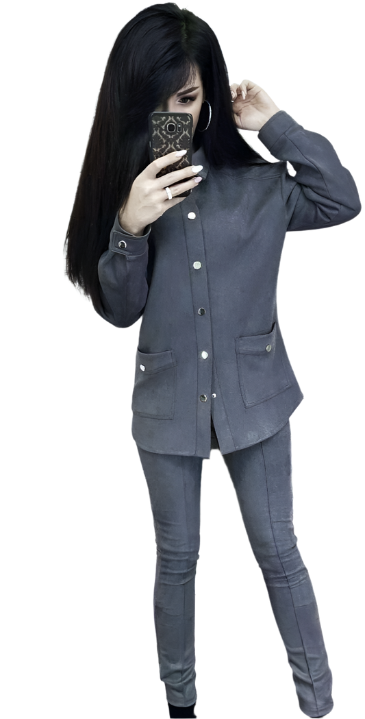 Women Suede Suede Fabric Shirt Belted and High Waist Pants Set