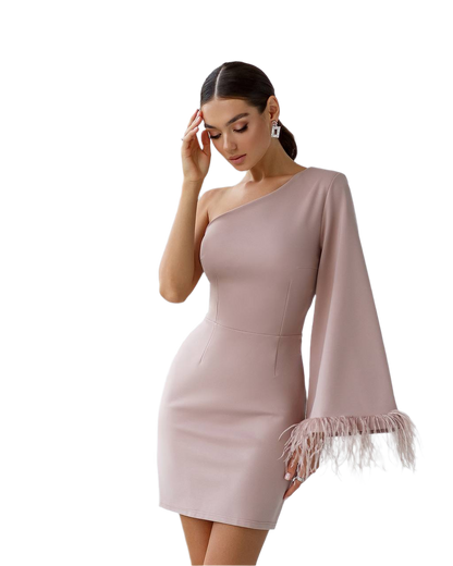 Women One Shoulder Dress with Feather Hem Dense Bandage Knit