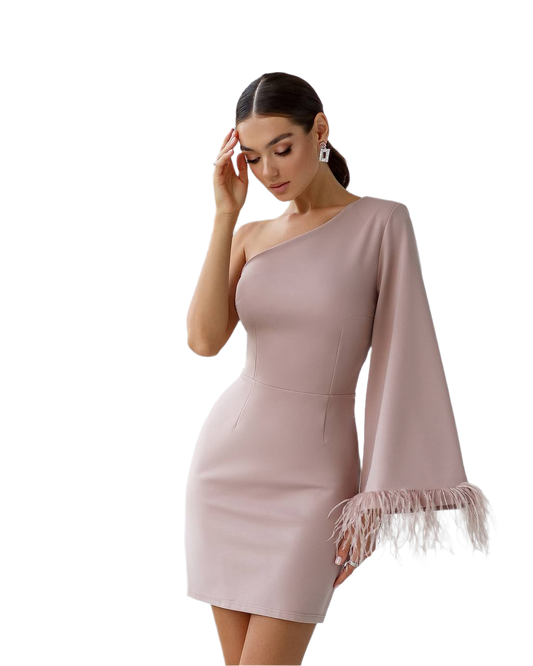 Women One Shoulder Dress with Feather Hem Dense Bandage Knit