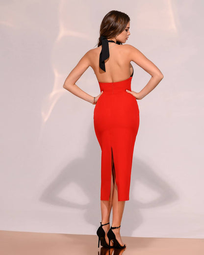 Elegant Two-Tone Halter Dress in Suit Diagonal Crepe