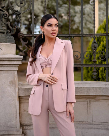 3 Pieces Women Prom Bridal Wedding Cocktail Suit Set Pantsuit Trousers Jacket Pants Top Bra Beige