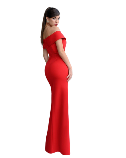 Woman wearing a red off-shoulder gown on a white background