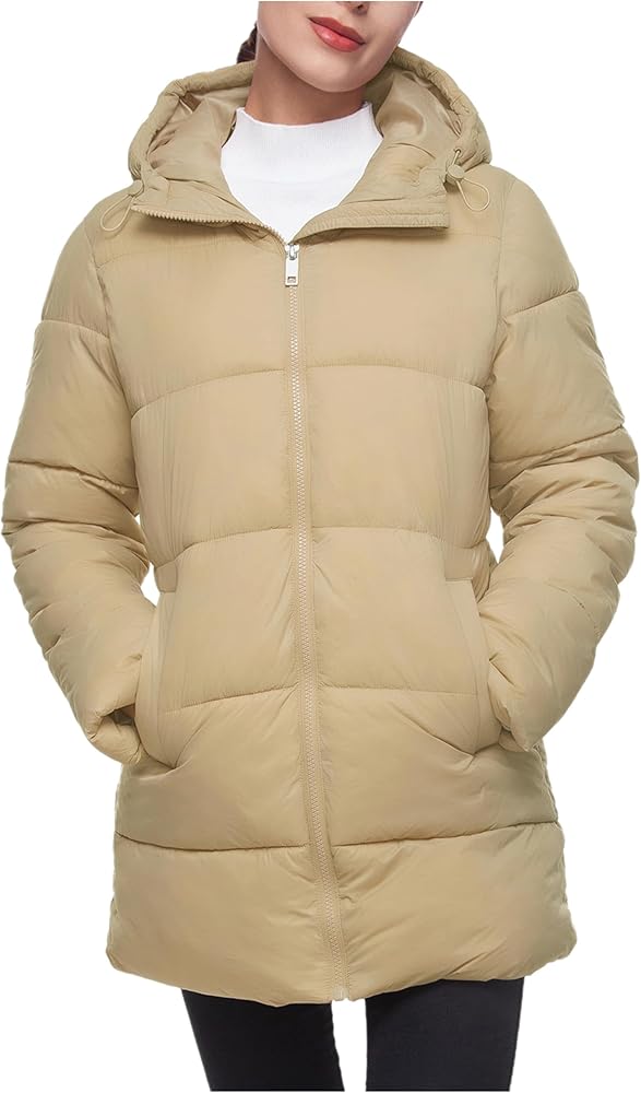 Beige Hooded Puffer Jacket for Women Lightweight Water-Resistant