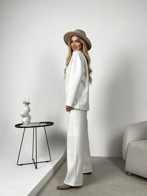 White Thick Angora Knit Wide-Leg Pants and Turtleneck Set