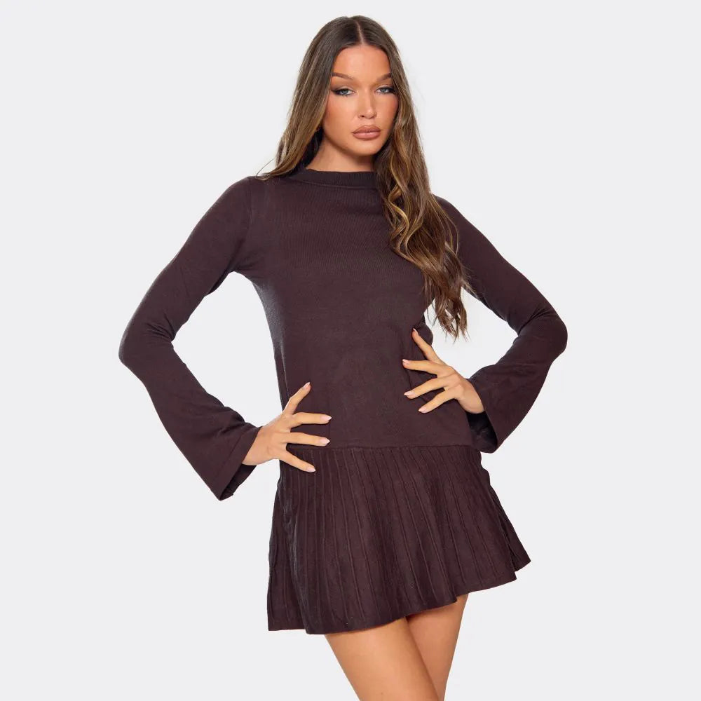 Brown Long Sleeve Ribbed Knit Dress Turkish Fabric
