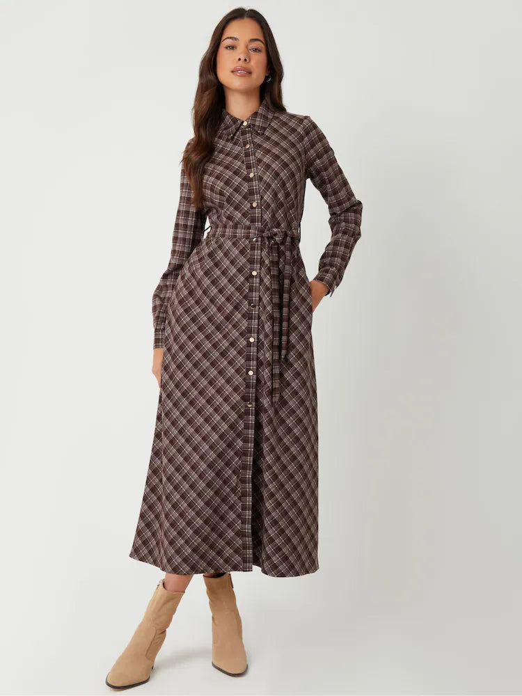 Plaid Cashmere Midi Dress with Belt