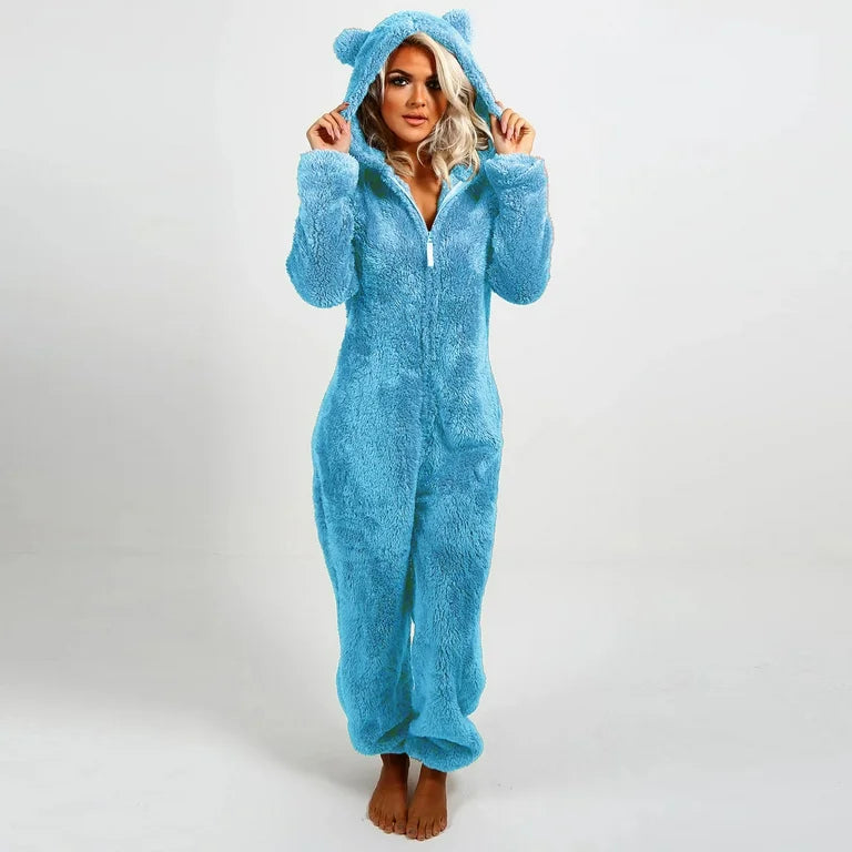 Blue Women's Fleece Lined Jumpsuit with Hood and Drawstring Waist