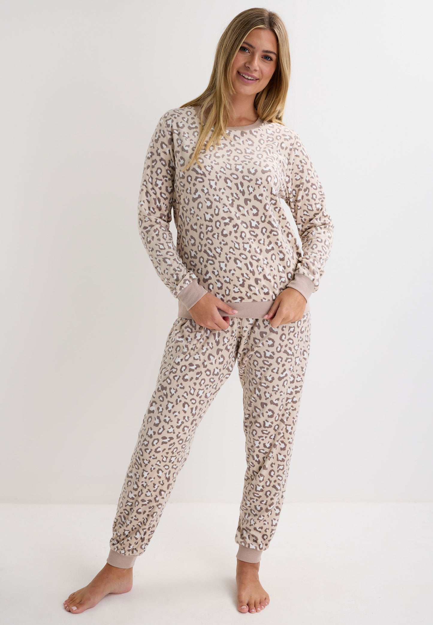 Womens Leopard Print Fleece Polar Pajama Set
